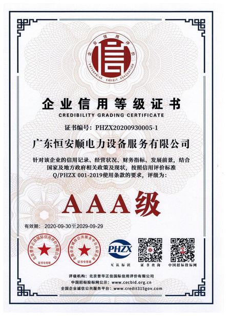 China GuangDong Heng AnShun Electrical Power Equipment Service Co., Ltd. Certificações